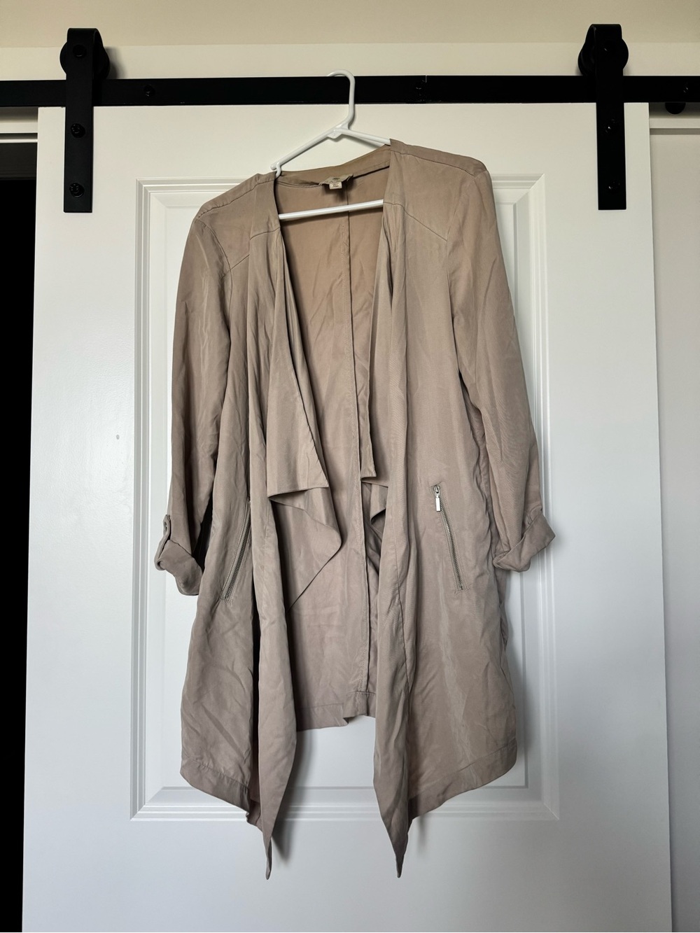 Lila Rose Taupe Draped Open-Front Trench Coat